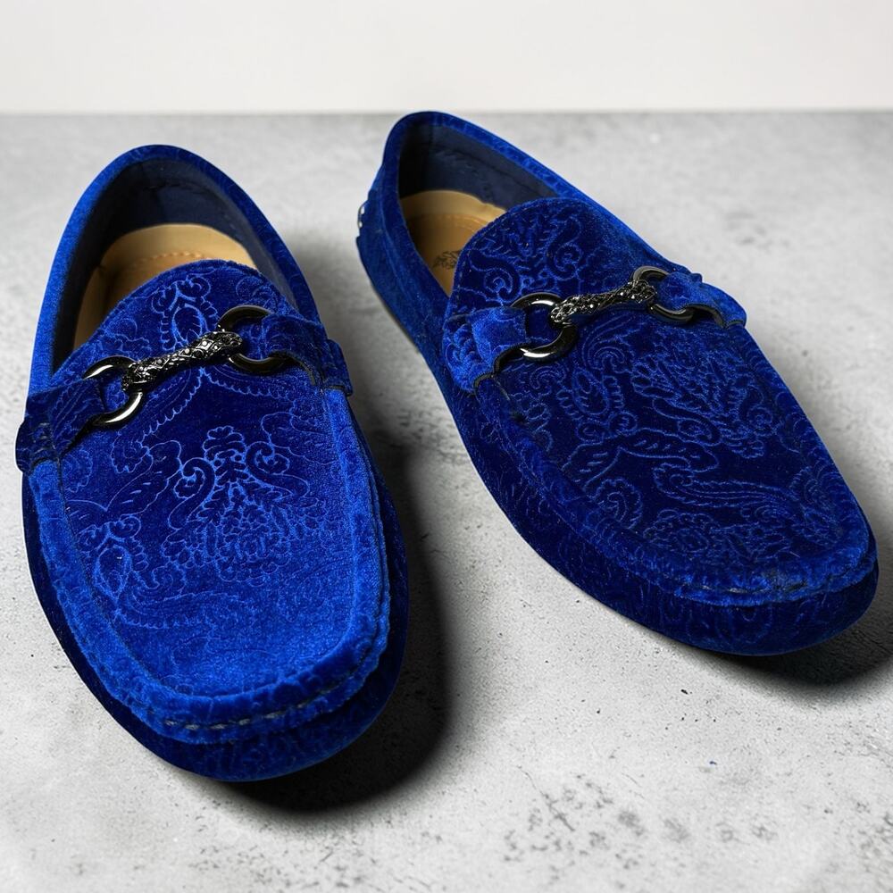 Royal Shoes Blue Velvet Loafers Paisley Design Horsebit Buckle Accent Men's 11